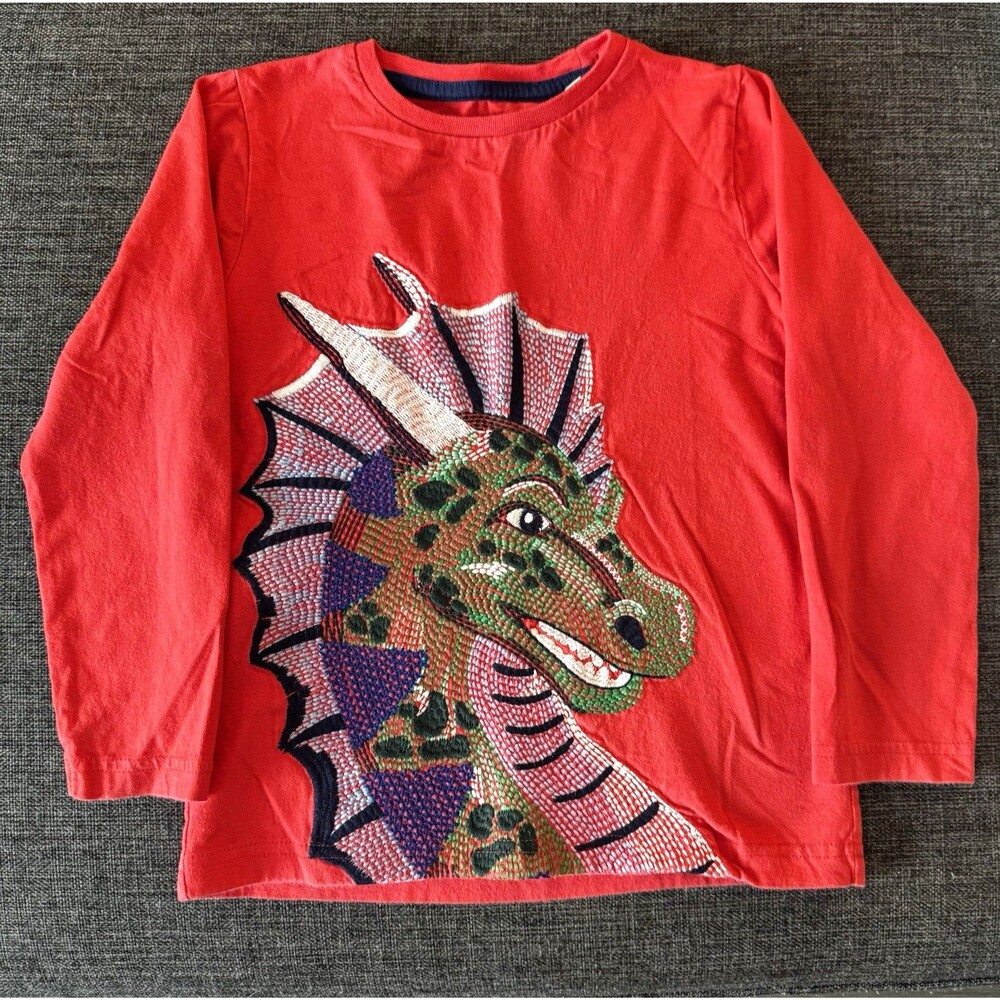 Mini Boden Kids Red Dragon Applique Embroidered Long Sleeve Boys Shirt Size 2-3Y